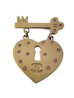 Chanel Heart Lock Gold Plated Pink Brooch